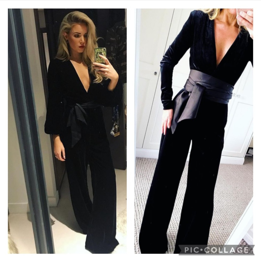 MANGO festive black velvet jumpsuit with satin belt zara competitor brand